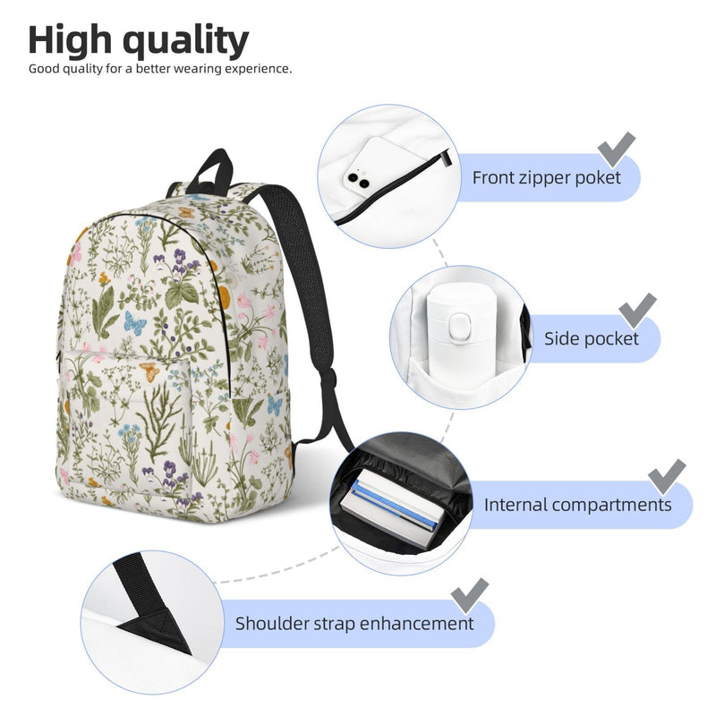 Vintage Wild Herb Floral Flower School Backpack for Girls Boys Women Lightweight Canvas Bookbag Casual Laptop Daypack for Travel Outdoor Camping, 17 Inch