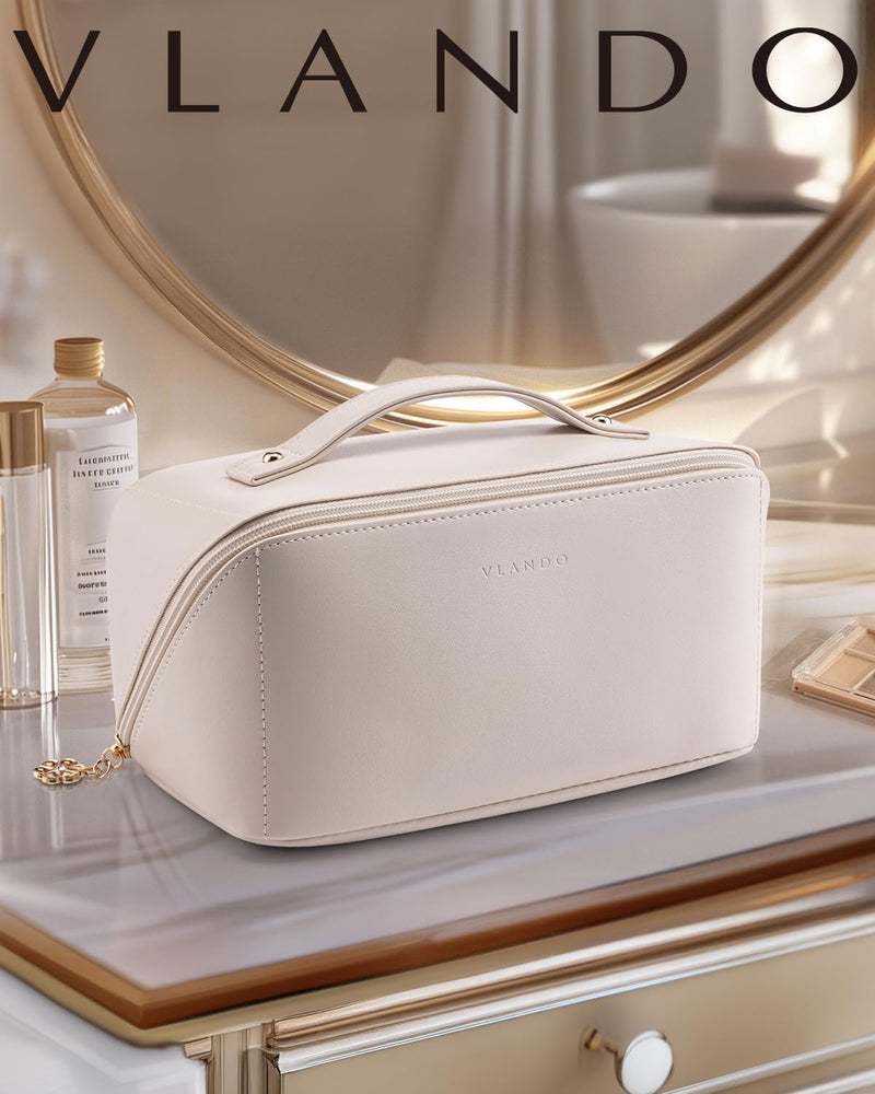 VLANDO Makeup Bag,Travel Toiletry Bag,Cosmetic Bag for Women PU Leather Portable Make up Bag for Skincare, Brushes & Travel Essentials - Off White
