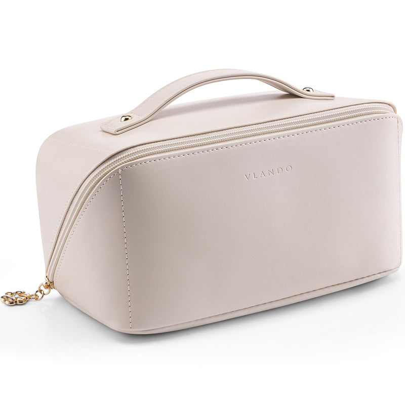 VLANDO Makeup Bag,Travel Toiletry Bag,Cosmetic Bag for Women PU Leather Portable Make up Bag for Skincare, Brushes & Travel Essentials - Off White