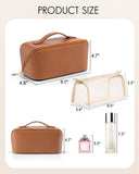 Vlando Travel Makeup Bag,Brown Leather Make up Bag,Portable Toiletry Bag with Divider and Handle,Gifts for Women (Brown)