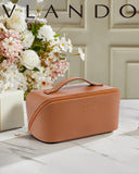 Vlando Travel Makeup Bag,Brown Leather Make up Bag,Portable Toiletry Bag with Divider and Handle,Gifts for Women (Brown)