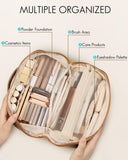 Vlando Travel Makeup Bag,Brown Leather Make up Bag,Portable Toiletry Bag with Divider and Handle,Gifts for Women (Brown)