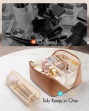 Vlando Travel Makeup Bag,Brown Leather Make up Bag,Portable Toiletry Bag with Divider and Handle,Gifts for Women (Brown)