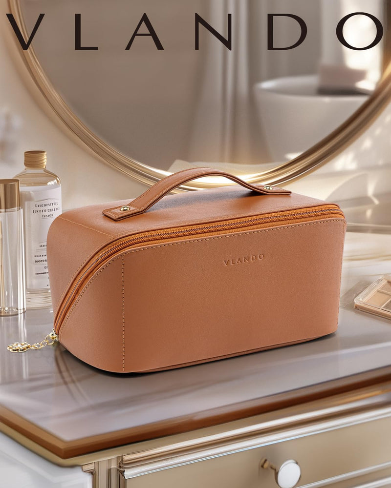 Vlando Travel Makeup Bag,Brown Leather Make up Bag,Portable Toiletry Bag with Divider and Handle,Gifts for Women (Brown)