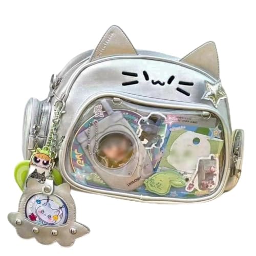 Vobomo Cat Ita Bag Pin Display Backpack for School PU Leather Preppy Backpack for Girls Y2k Aesthetic Single Shoulder Bag (Silver) | Backpacks4Less
