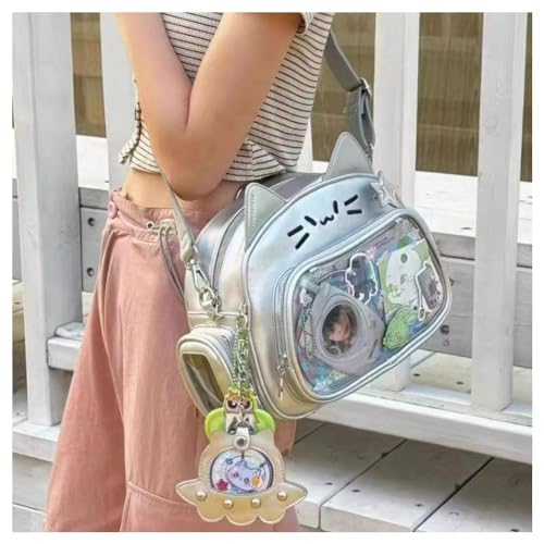 Vobomo Cat Ita Bag Pin Display Backpack for School PU Leather Preppy Backpack for Girls Y2k Aesthetic Single Shoulder Bag (Silver)