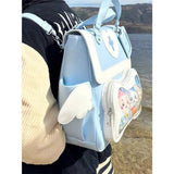 Vobomo Cute Puppy Bone Ita Bag Y2k Aesthetic Cute Backpack Waterproof PU Leather Backpack Cross and Angel Wings Ita Bag (Llight blue)