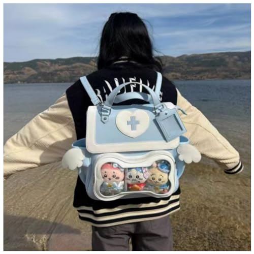 Vobomo Cute Puppy Bone Ita Bag Y2k Aesthetic Cute Backpack Waterproof PU Leather Backpack Cross and Angel Wings Ita Bag (Llight blue)