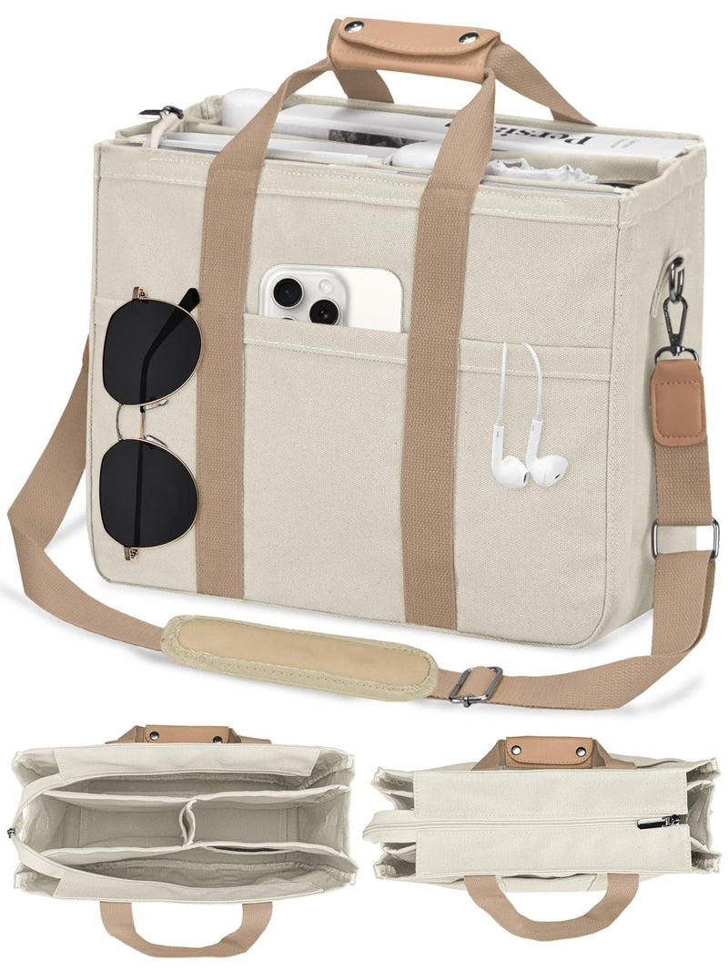 VOFANK Canvas Tote Bag for Women with Zipper and Compartments Large Work Bible Bag Crossbody Teacher College Tote Purse (Light Khaki, L)