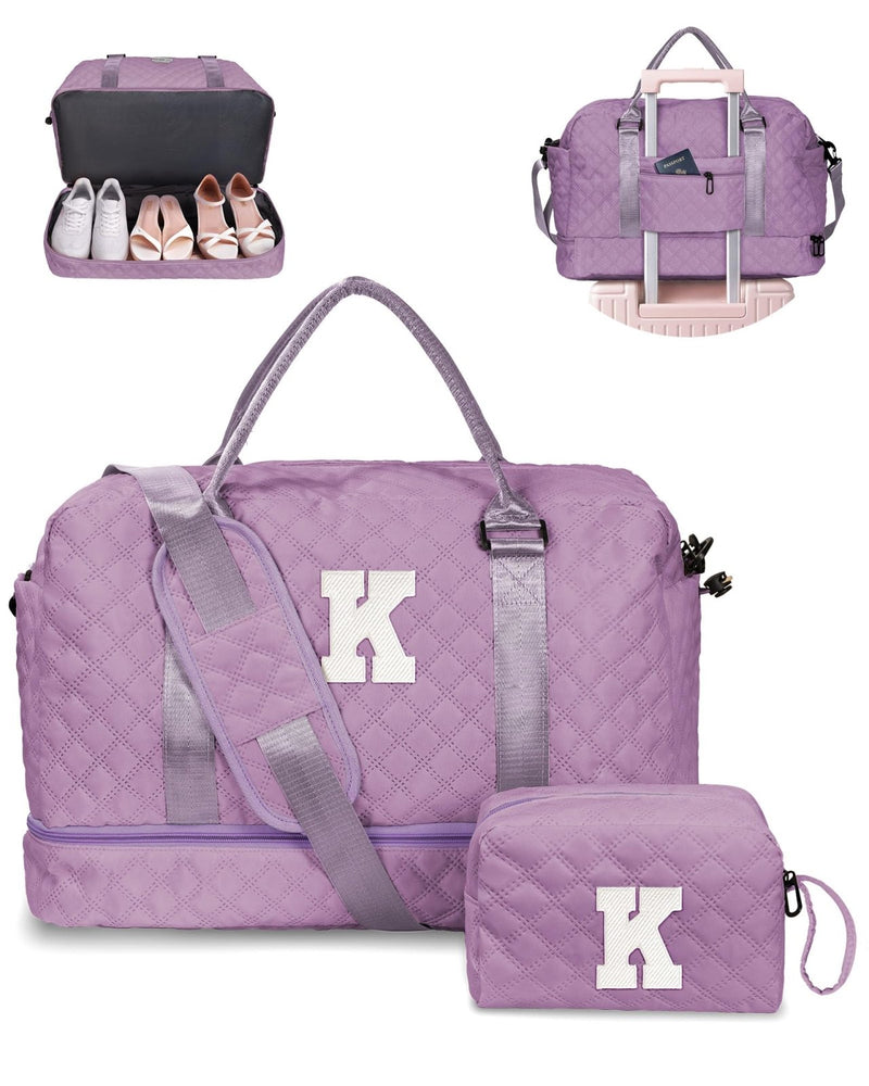 Vogewood Girl Duffle Bag with Shoe Compartment, Tween Weekend Duffle Bag, Monogram Overnight Bag for Women with Trolley Sleeve & Wet Pocket, Letter Kids Travel Bag with Makeup Bag (Letter K)