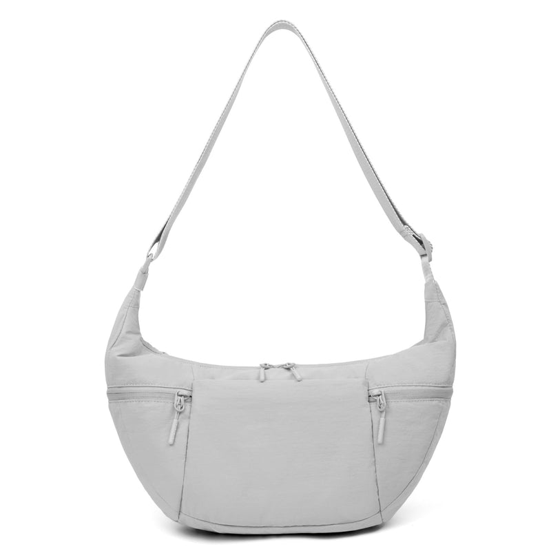 VONAL Nylon Crescent Crossbody Bag, Sloughy Shoulder Hobo Bag for Women Men, Lightweight Dumpling Sling Bag Purse with Adjustable Stap 4 Zippers & Dual Side Pockets (Light Gray)
