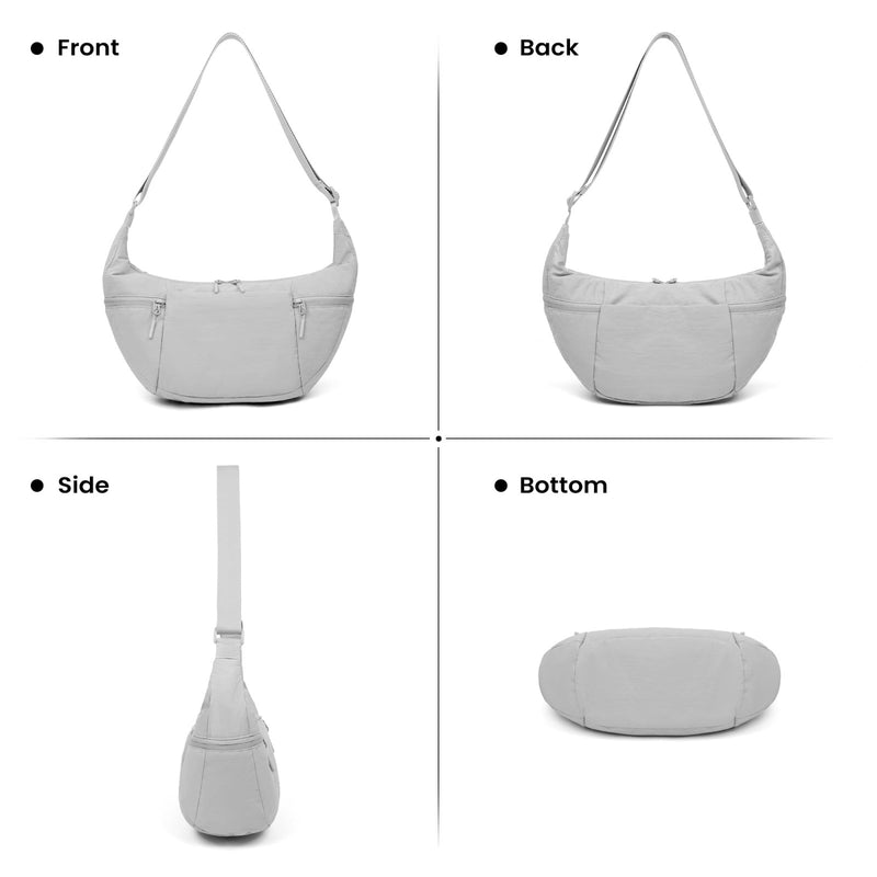 VONAL Nylon Crescent Crossbody Bag, Sloughy Shoulder Hobo Bag for Women Men, Lightweight Dumpling Sling Bag Purse with Adjustable Stap 4 Zippers & Dual Side Pockets (Light Gray)
