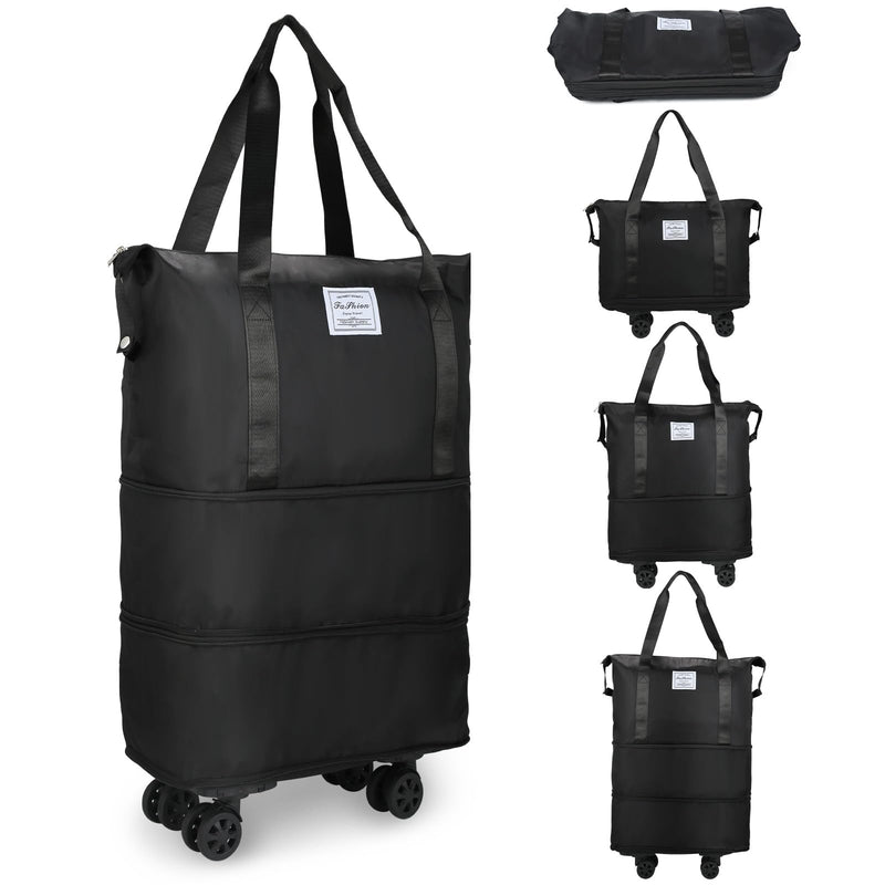 VOOWO Rolling Duffle Bag with Wheels, Expandable Foldable Duffle Bag for Travel, Rolling Under Seat Luggage Carry on Duffel Bags, Wheeled Travel Duffel Weekend Bags, Capacity 18L to 35L (Black)