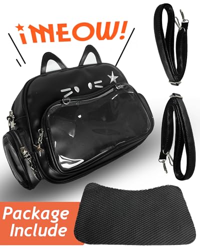 VOUSXLLEZ Cute Cat Ita Bag Pin Display Backpack,Shoulder Crossbody,Multi-Purpose, Kawaii Purse with Insert,PU Leather, for Kpop Fan Anime (Pins NOT Included) (Black)
