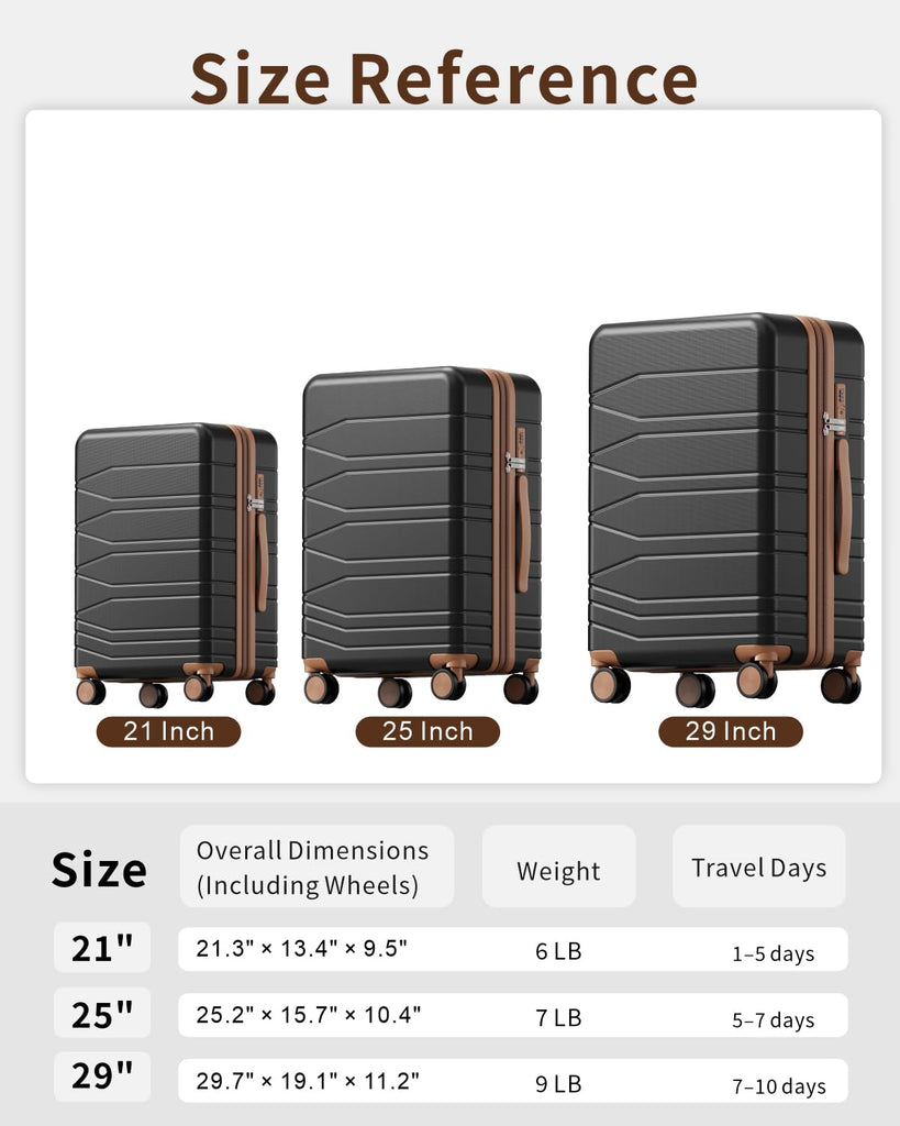 voyzap 3 Piece Luggage Set, 21/25/29 Inch Expandable Luggage Sets with Spinner Wheels, ABS+PC Hardshell Suitcases, Suitcase Set with YKK Zipper, TSA Lock & 3 Tags