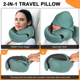 Vzpeun Travel Pillow - Hooded Neck Pillow Airplane Memory Foam Filling for Plane, Office, Cars Sleeping, Road Trip, Long Flights, Portable Plane Accessories, Includes Eye Mask & Earplugs (Green)