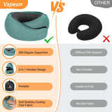 Vzpeun Travel Pillow - Hooded Neck Pillow Airplane Memory Foam Filling for Plane, Office, Cars Sleeping, Road Trip, Long Flights, Portable Plane Accessories, Includes Eye Mask & Earplugs (Green)