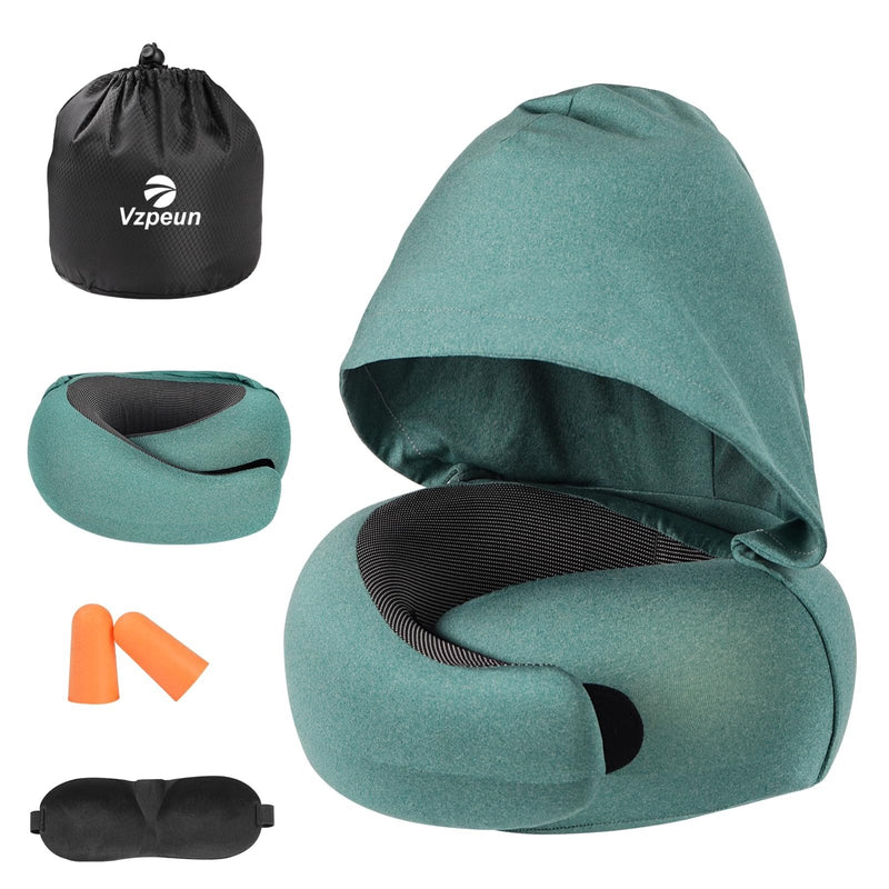 Vzpeun Travel Pillow - Hooded Neck Pillow Airplane Memory Foam Filling for Plane, Office, Cars Sleeping, Road Trip, Long Flights, Portable Plane Accessories, Includes Eye Mask & Earplugs (Green)