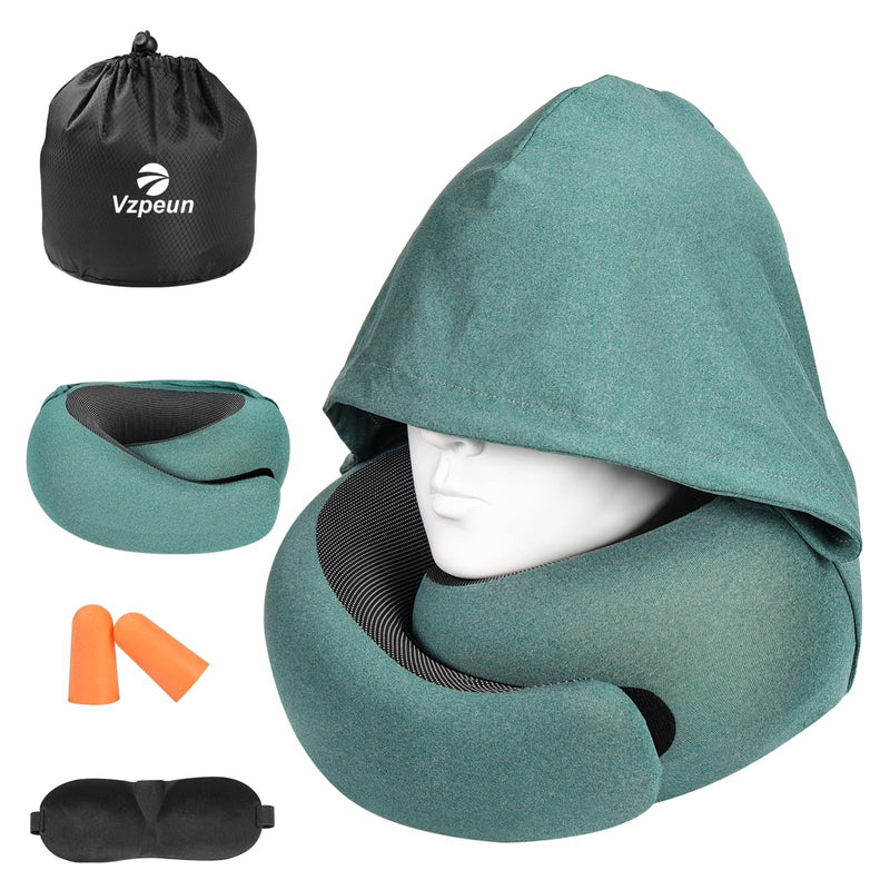 Vzpeun Travel Pillow - Hooded Neck Pillow Airplane Memory Foam Filling for Plane, Office, Cars Sleeping, Road Trip, Long Flights, Portable Plane Accessories, Includes Eye Mask & Earplugs (Green)