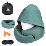 Vzpeun Travel Pillow - Hooded Neck Pillow Airplane Memory Foam Filling for Plane, Office, Cars Sleeping, Road Trip, Long Flights, Portable Plane Accessories, Includes Eye Mask & Earplugs (Green)