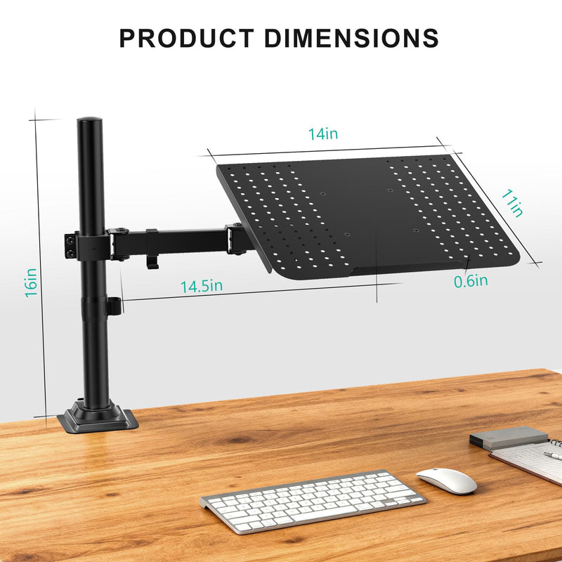 WALI Laptop Desk Mount for 17 inch Notebook, Adjustable Single Monitor Arm with Laptop Holder for 32 inch Screen, Laptops Stand with Ventilated Tray, Up to 22 lbs, (M00LP), Black