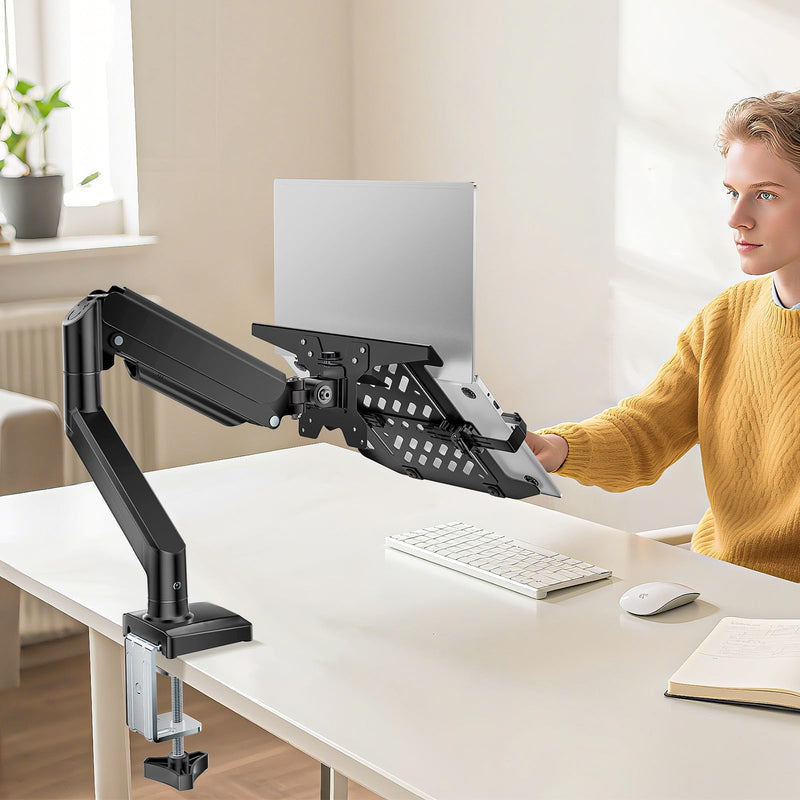 WALI Single Arm Laptop and Monitor Desk Mount for 17" Notebook and Up to 32" Screen, 2 - in - 1 Adjustable Gas Spring Monitor Arm with Laptop Tray, VESA 75x75 100x100,Holds 22 - 26.4 lbs, Black (GSMP001NLP)