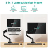 WALI Single Arm Laptop and Monitor Desk Mount for 17" Notebook and Up to 32" Screen, 2 - in - 1 Adjustable Gas Spring Monitor Arm with Laptop Tray, VESA 75x75 100x100,Holds 22 - 26.4 lbs, Black (GSMP001NLP)