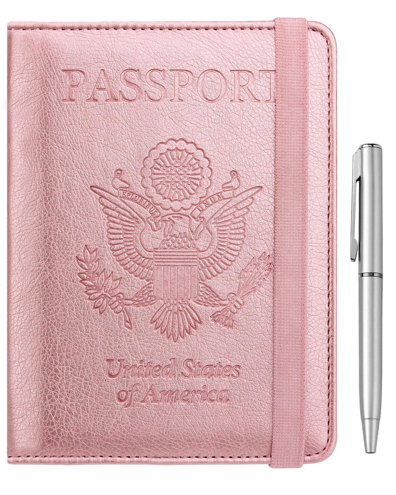 WALNEW Passport Holder for Travel, RFID Passport Cover Wallet for Women Men, PU Leather Passport Book Card Holder Case with Pen (Elastic Band Closure, A - Rosegold)