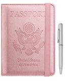 WALNEW Passport Holder for Travel, RFID Passport Cover Wallet for Women Men, PU Leather Passport Book Card Holder Case with Pen (Elastic Band Closure, A - Rosegold)