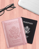 WALNEW Passport Holder for Travel, RFID Passport Cover Wallet for Women Men, PU Leather Passport Book Card Holder Case with Pen (Elastic Band Closure, A - Rosegold)