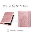 WALNEW Passport Holder for Travel, RFID Passport Cover Wallet for Women Men, PU Leather Passport Book Card Holder Case with Pen (Elastic Band Closure, A - Rosegold)