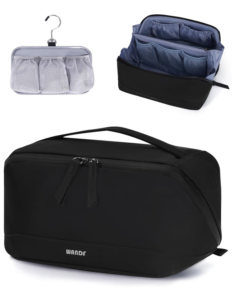 WANDF Toiletry Bag for Men, PU Leather Travel Organizer with Detachable Waterproof Hanging Pouch, Open - Flat Dopp Kit Shaving Bag with Wet Pocket for Travel Toiletries Accessories (Black)