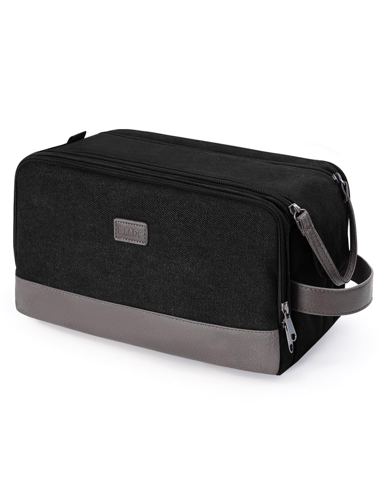 WANDF Toiletry Bag for Men Travel Toiletry Organizer Canvas and Leather Dopp Kit Water - Resistant Shaving Bag for Travel Accessories (Black, Large)