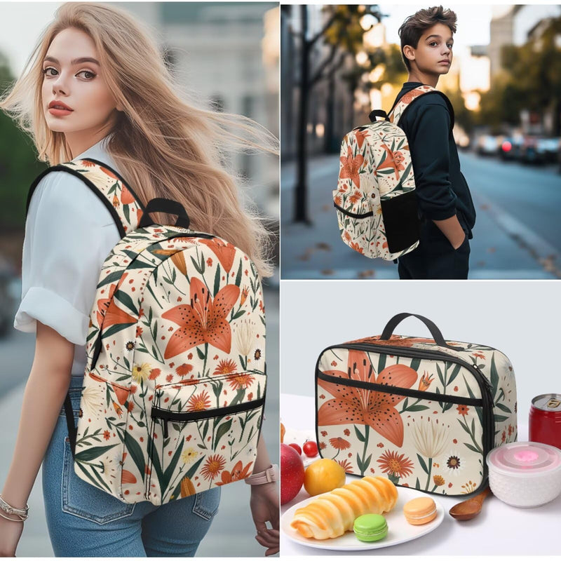Warmkitty Pastoral Lily Blooms Print Colorful Pattern Kids Backpack Set 2pcs School Bookbag with Lunch Box for Boys Girls