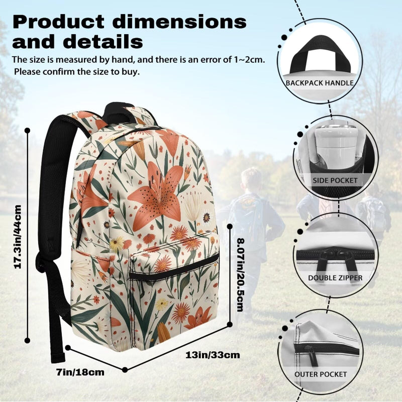 Warmkitty Pastoral Lily Blooms Print Vibrant Flower Design Kids Backpack with Side Pocket School Bookbag for Students Boys Girls