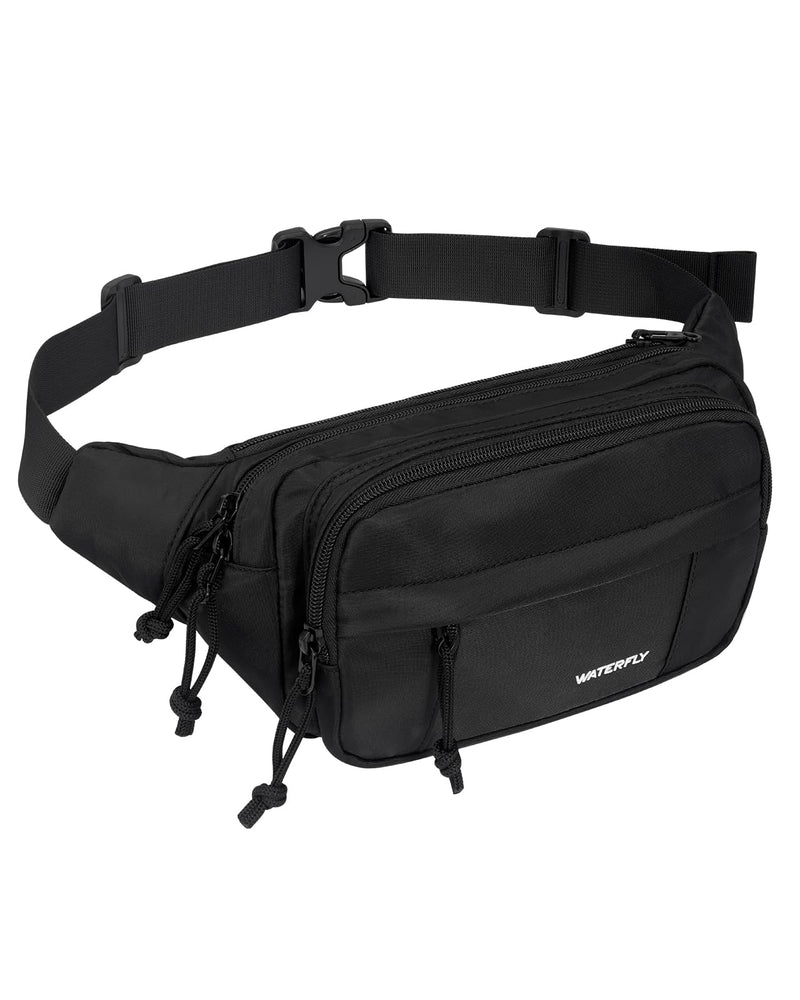 WATERFLY Fanny Pack Waist Packs: Large Crossbody Fanny Packs for Women Men with 5 Zipper Pockets Adjustable Strap Waist Bags Hip Pack for Traveling Cycling Running Hiking - Black