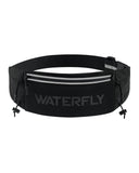 WATERFLY Running Belt Fanny Pack: Breathable 3 Pocket Waist Bag for Men Women Workout Exercise Fitness Phone Holder Fits All Phones - Runner Marathon Jogging Race Belt with Bib Clip Black