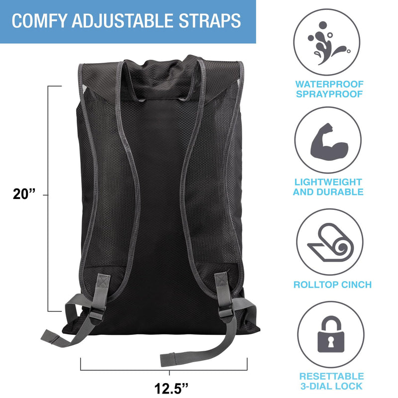 WaterSeals Locking Backpack + Waterproof Bag for Women & Men with Ripstop Material & Anti - Theft Combination Lock to Protect Wallet, iPhone or Valuables at the Beach, Pool, Skiing, or Camping, Black