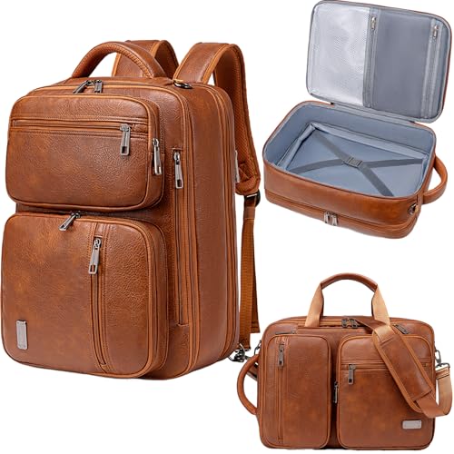 weiatas 3-in-1 Vegan Leather Convertible Laptop Bag for Men Women, 15.6 Inch Waterproof Expandable Backpack, Computer Briefcase, Shoulder Messenger Bag & Weekend Bag for Business Travel Work (Brown)