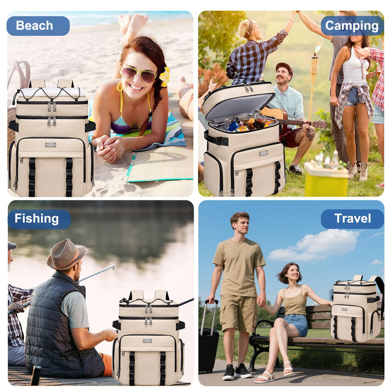 Weitars Insulated Cooler Backpack,Double Deck Waterproof Soft Cooler Bag,Backpack Coolers Leak Proof Lunch Backpack for Men Women for Travel,Camping,Picnic,Beach,Picnic,Outdoor 31L/52 Can (Beige)