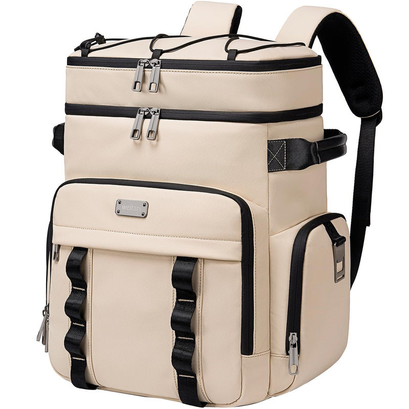 Weitars Insulated Cooler Backpack,Double Deck Waterproof Soft Cooler Bag,Backpack Coolers Leak Proof Lunch Backpack for Men Women for Travel,Camping,Picnic,Beach,Picnic,Outdoor 31L/52 Can (Beige)
