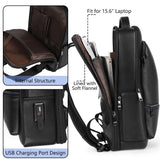Wesccimo Full Grain Genuine Leather Backpack for Men Multi - Functional 15.6" Laptop Backpack with USB Charging, Black Business Travel Backpack Work Rucksack Daypack