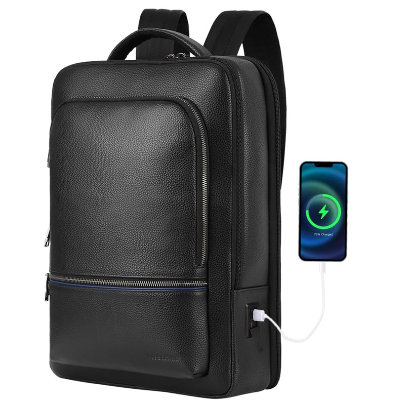 Wesccimo Full Grain Genuine Leather Backpack for Men Multi - Functional 15.6" Laptop Backpack with USB Charging, Black Business Travel Backpack Work Rucksack Daypack