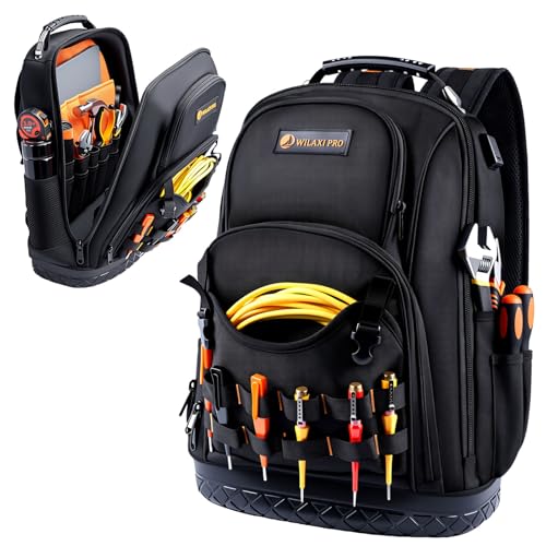 WILAXI PRO Tool Backpack Heavy Duty, Tool Bag Backpack for Men Waterproof Oxford Fabric with Plastic Base, 19IN Large Capacity with 44 | Backpacks4Less