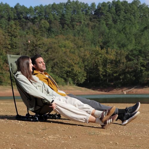 Wildhiker Compact High Back Camping Chair - Foldable with Dual Sitting Modes, Pillow, Arm Pads and Side Pockets - Lightweight Portable Chair for Motorcycle, RV, Festival, Travel - Green