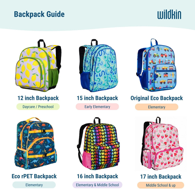 Wildkin ECO rPET 15 - inch Kids Backpack – Sustainable, Padded, Adjustable – Trains, Planes & Trucks