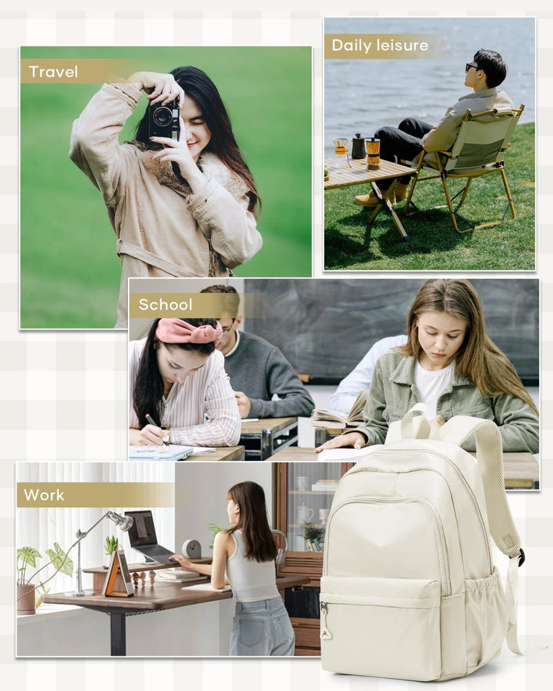 winspansy Backpack for School Teenage Girls Boys,Waterproof Lightweight School Bags Travel Daypack Simple Cute College Backpack Rucksack for Women Men fit 14 Inch Laptop,Beige