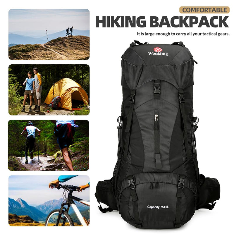 WintMing 75L Hiking Backpack with Rain Cover Waterproof Camping Backpack Shoes Warehouse for Men Women, Frameless (black)