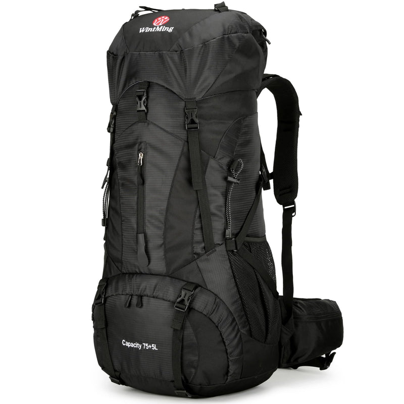 WintMing 75L Hiking Backpack with Rain Cover Waterproof Camping Backpack Shoes Warehouse for Men Women, Frameless (black)