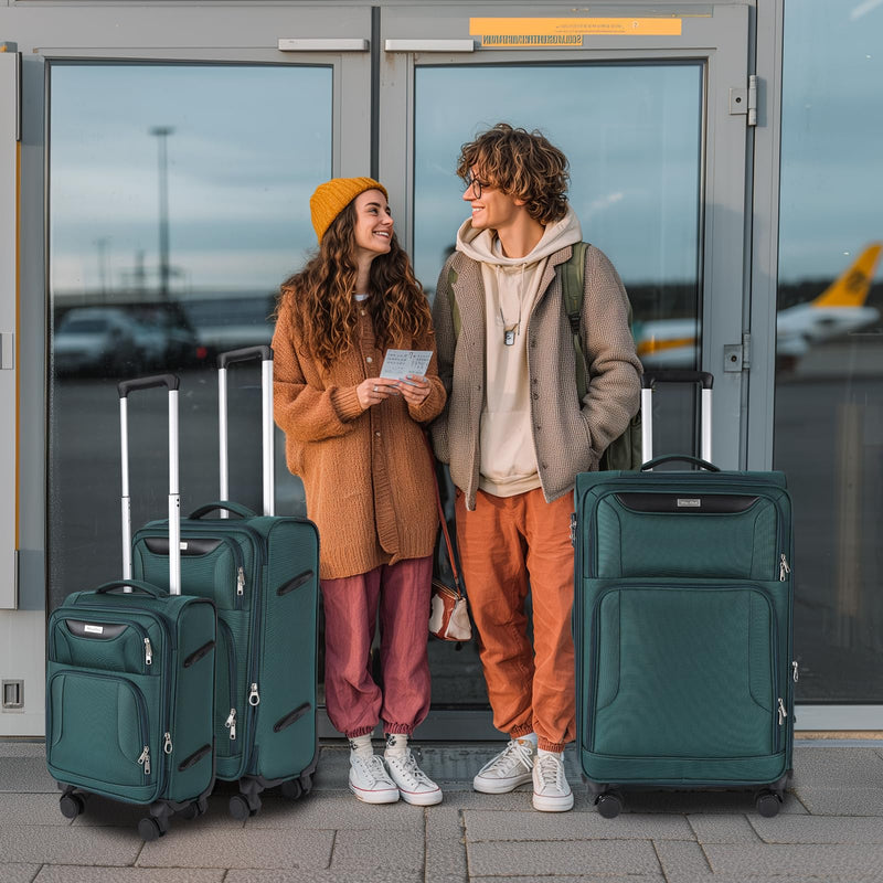 WireHot 3 - Piece Softside Expandable Luggage Set with Front Open Pocket, Lightweight and Durable Oxford Fabric Suitcase Set with TSA Lock (Dark Green, 20in/24in/28in)